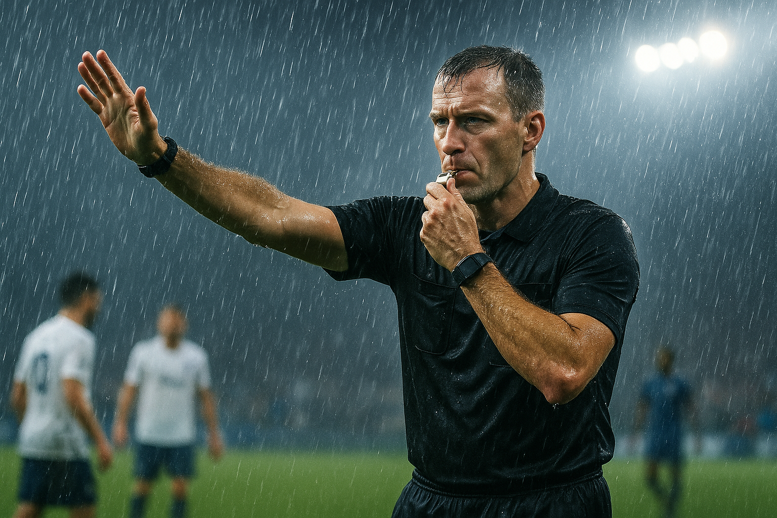 Un arbitre interrompant un match de football sous une pluie battante