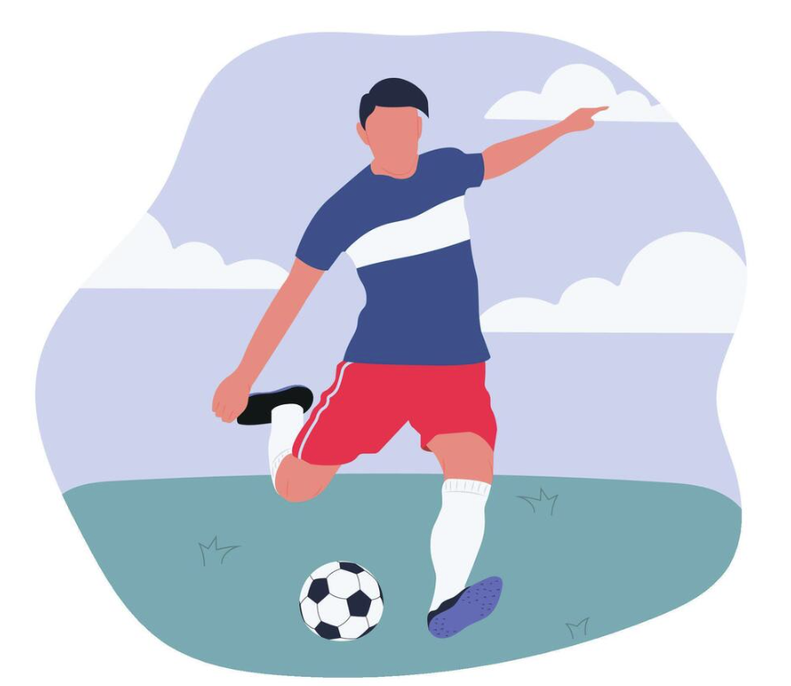 A cartoon-style illustration of a male soccer player poised to kick a football vecteezy