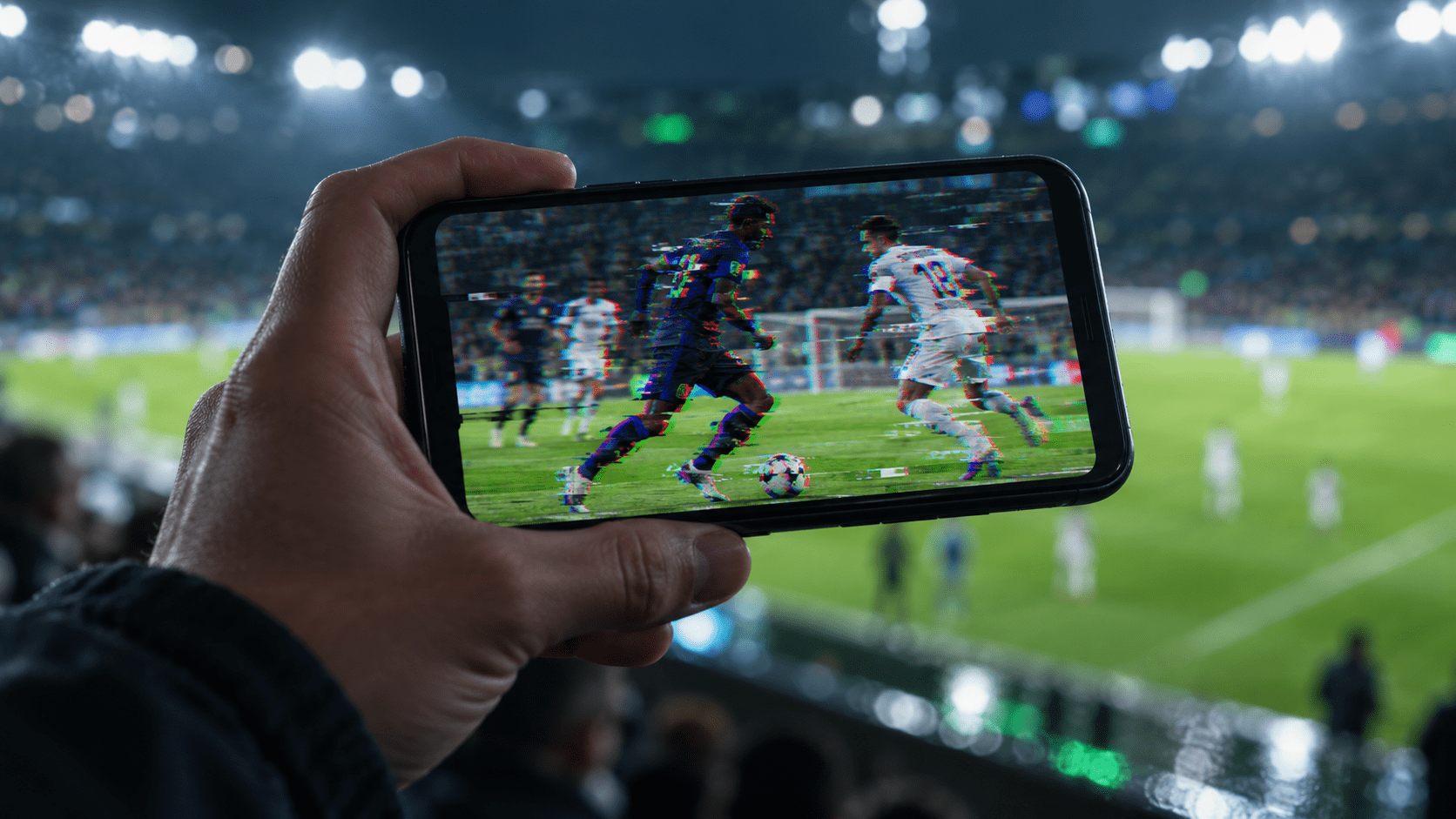 Paused football video showing digital artifacts on a smartphone screen