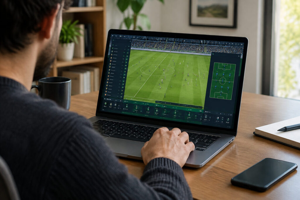 Écran tactique de Football Manager 27 gratuit avec composition d'équipe sur terrain